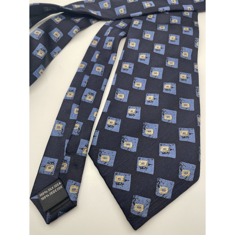 Attention Mens Silk Necktie Navy Blue Gold Geometric Square Pattern Classic Tie